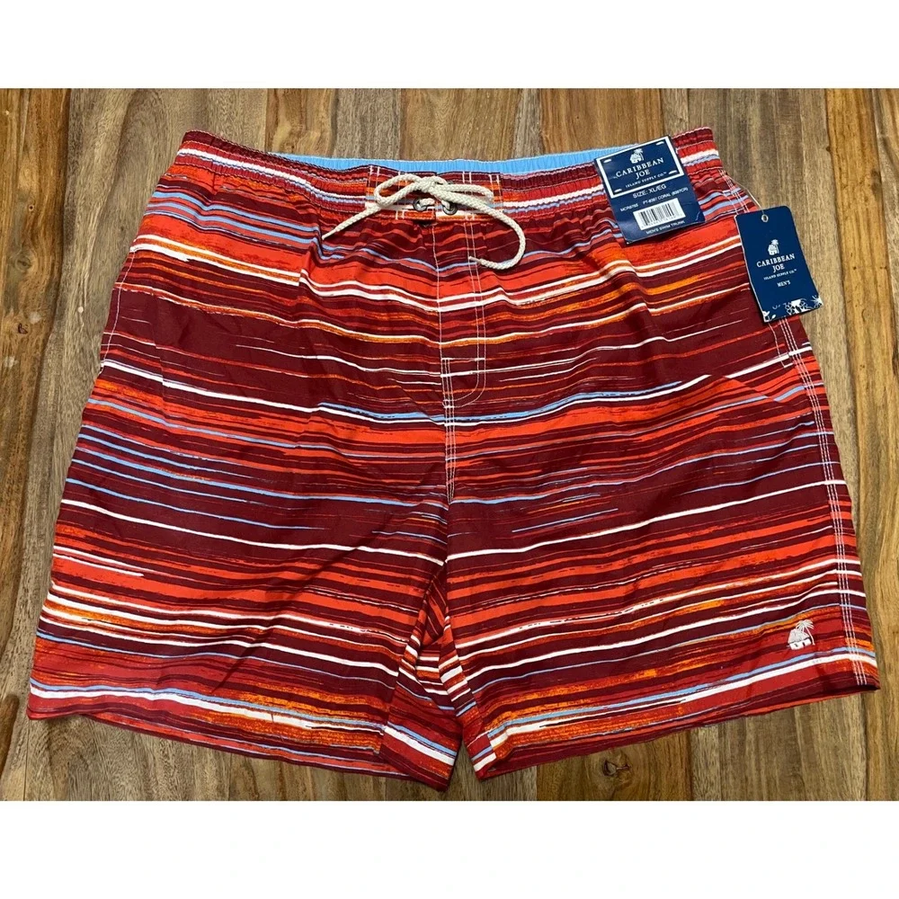 Caribbean Joe Swim Trunks Coral Striped XL MCR9765 Mesh Lined Elastic Waist‎